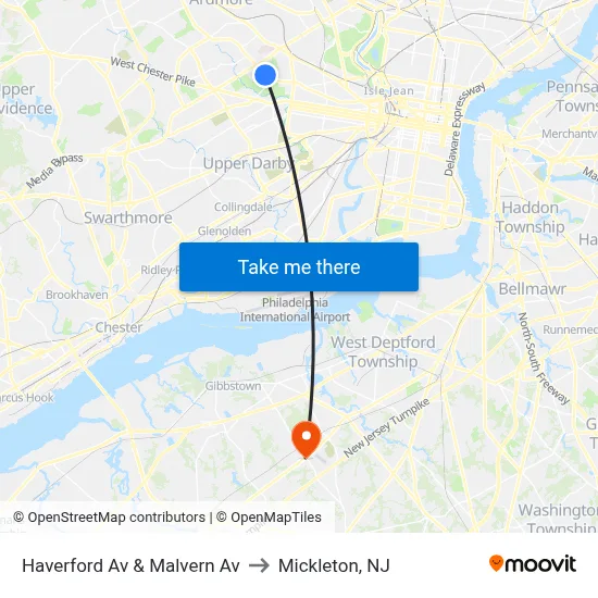 Haverford Av & Malvern Av to Mickleton, NJ map
