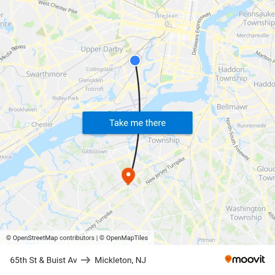 65th St & Buist Av to Mickleton, NJ map