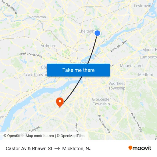 Castor Av & Rhawn St to Mickleton, NJ map
