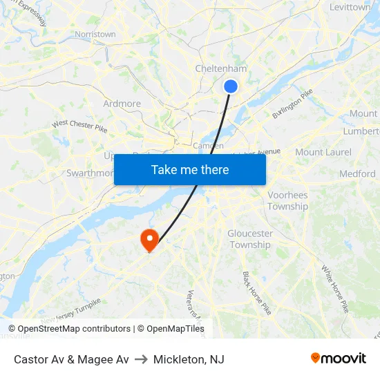 Castor Av & Magee Av to Mickleton, NJ map