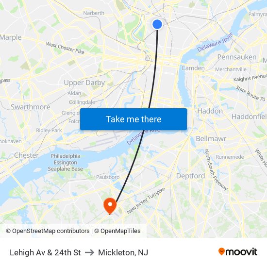 Lehigh Av & 24th St to Mickleton, NJ map