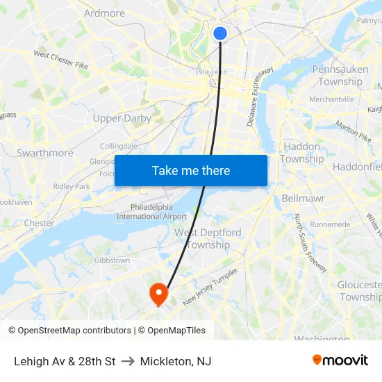 Lehigh Av & 28th St to Mickleton, NJ map