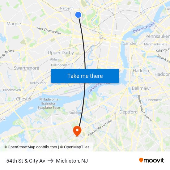 54th St & City Av to Mickleton, NJ map