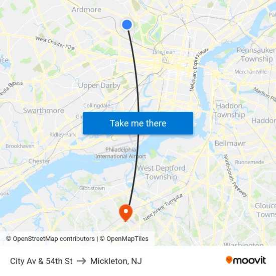 City Av & 54th St to Mickleton, NJ map