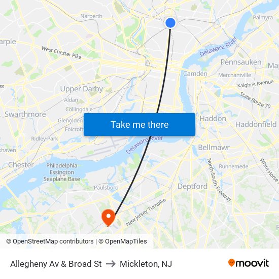 Allegheny Av & Broad St to Mickleton, NJ map