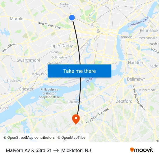 Malvern Av & 63rd St to Mickleton, NJ map
