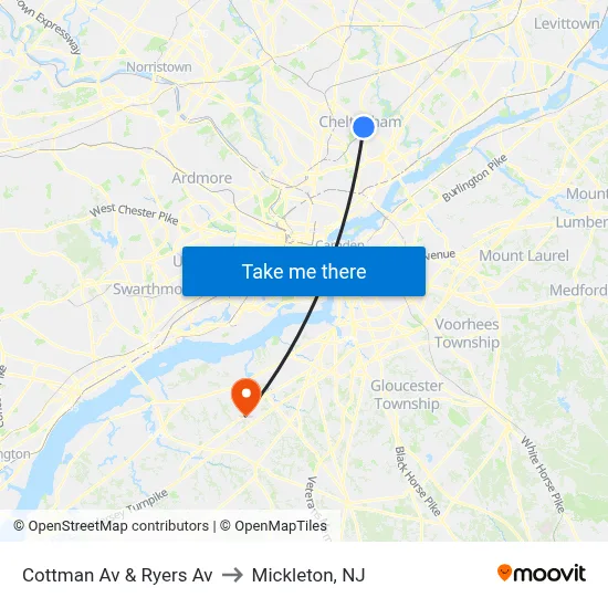 Cottman Av & Ryers Av to Mickleton, NJ map