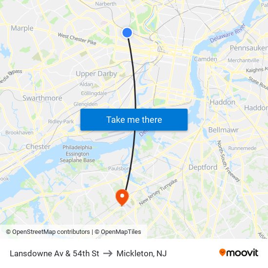 Lansdowne Av & 54th St to Mickleton, NJ map