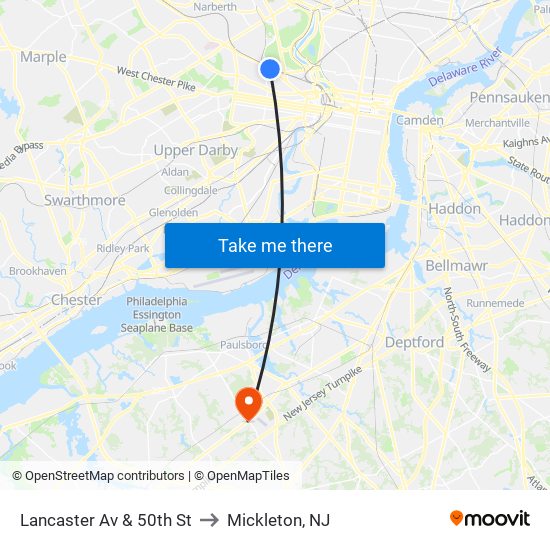 Lancaster Av & 50th St to Mickleton, NJ map