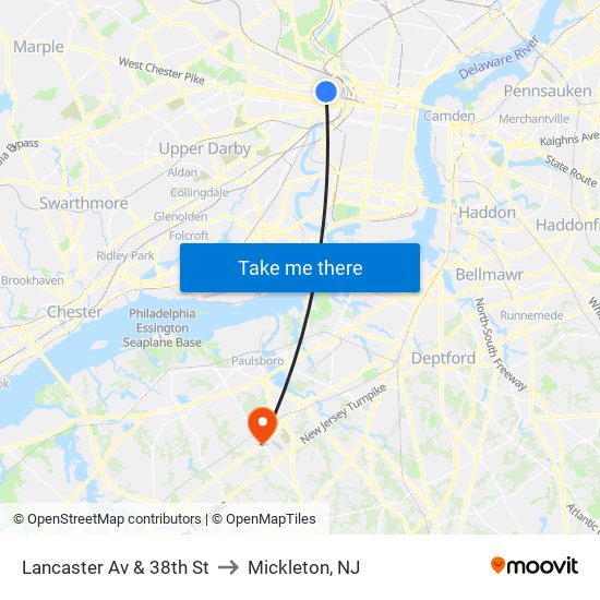 Lancaster Av & 38th St to Mickleton, NJ map