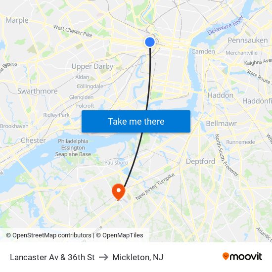 Lancaster Av & 36th St to Mickleton, NJ map