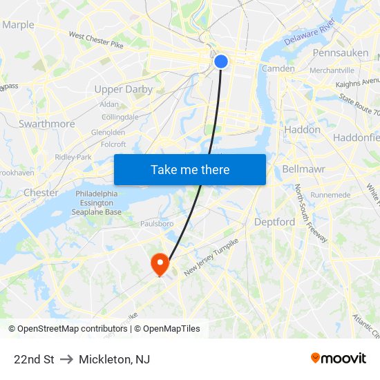 22nd St to Mickleton, NJ map