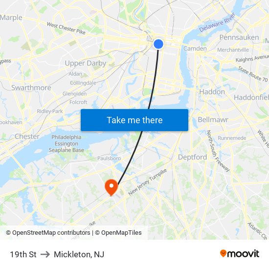 19th St to Mickleton, NJ map