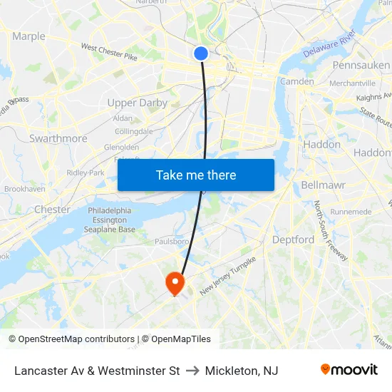 Lancaster Av & Westminster St to Mickleton, NJ map
