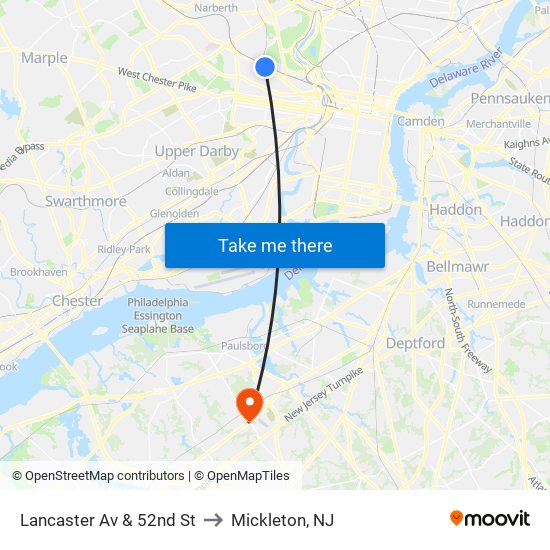 Lancaster Av & 52nd St to Mickleton, NJ map