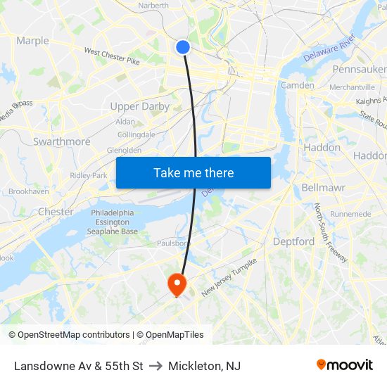 Lansdowne Av & 55th St to Mickleton, NJ map