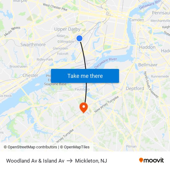 Woodland Av & Island Av to Mickleton, NJ map