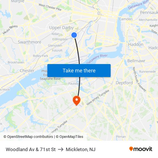 Woodland Av & 71st St to Mickleton, NJ map