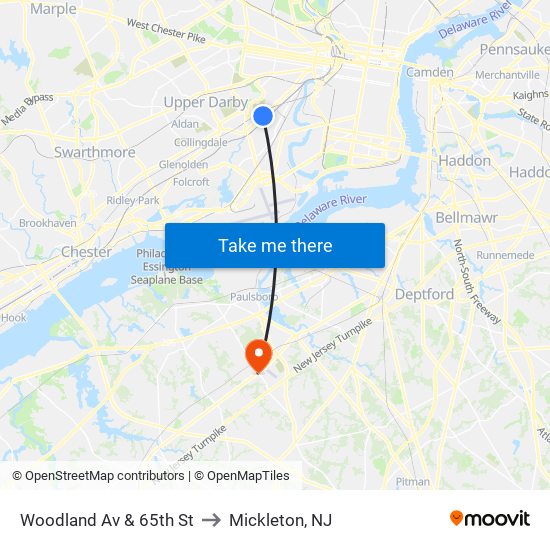 Woodland Av & 65th St to Mickleton, NJ map