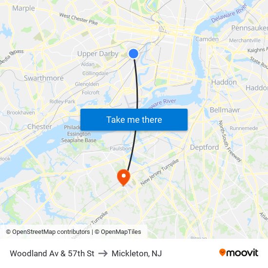 Woodland Av & 57th St to Mickleton, NJ map