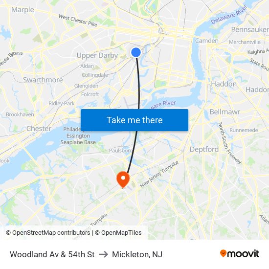 Woodland Av & 54th St to Mickleton, NJ map