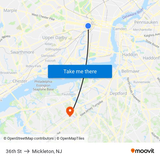 36th St to Mickleton, NJ map