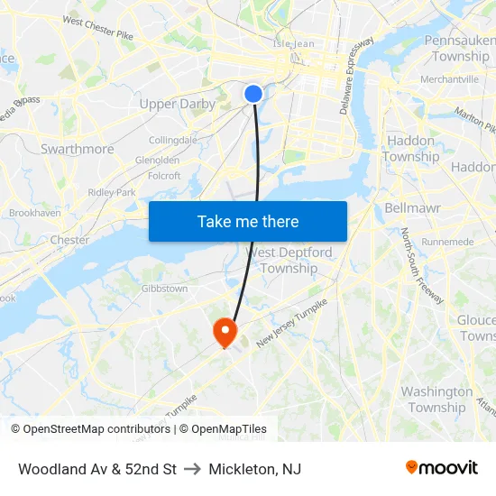 Woodland Av & 52nd St to Mickleton, NJ map