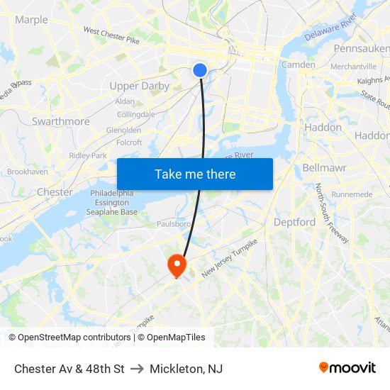 Chester Av & 48th St to Mickleton, NJ map