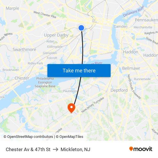 Chester Av & 47th St to Mickleton, NJ map
