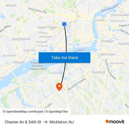 Chester Av & 54th St to Mickleton, NJ map