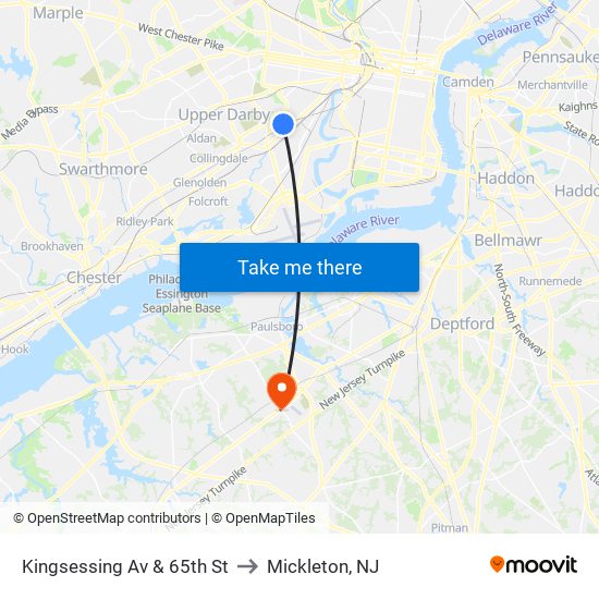 Kingsessing Av & 65th St to Mickleton, NJ map