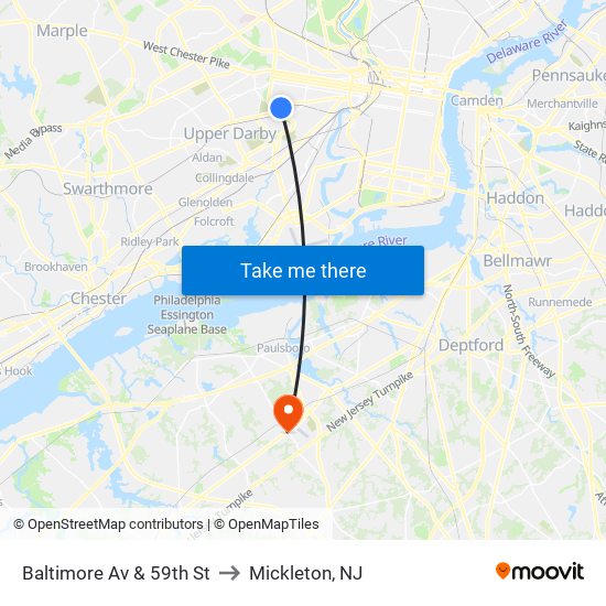 Baltimore Av & 59th St to Mickleton, NJ map