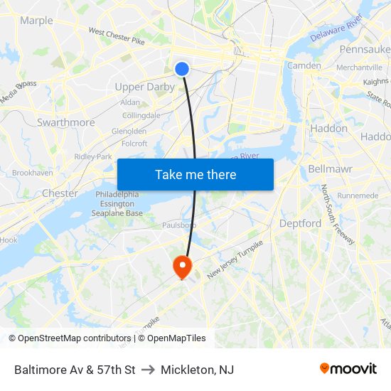 Baltimore Av & 57th St to Mickleton, NJ map