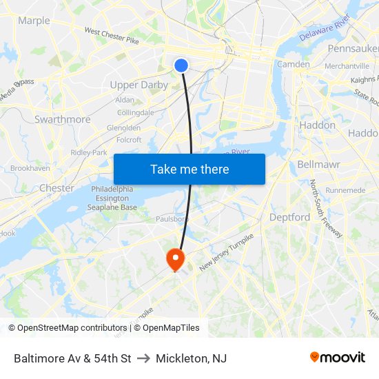 Baltimore Av & 54th St to Mickleton, NJ map