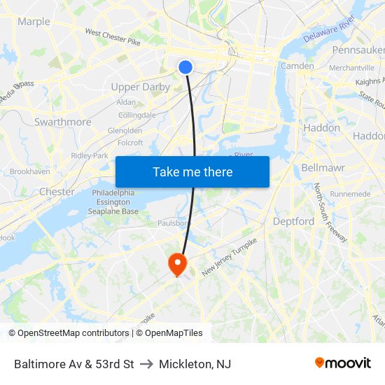 Baltimore Av & 53rd St to Mickleton, NJ map
