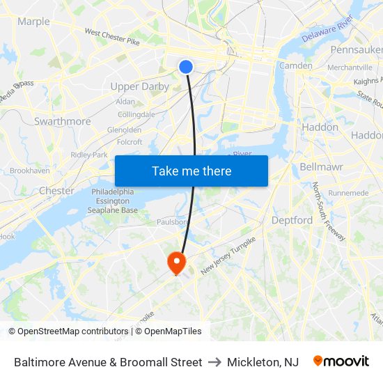 Baltimore Avenue & Broomall Street to Mickleton, NJ map