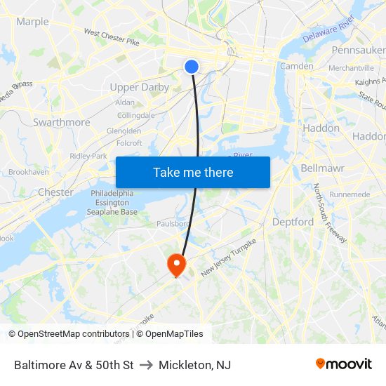 Baltimore Av & 50th St to Mickleton, NJ map