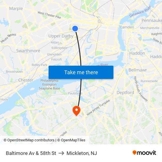 Baltimore Av & 58th St to Mickleton, NJ map