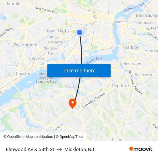 Elmwood Av & 58th St to Mickleton, NJ map