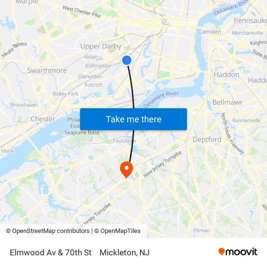 Elmwood Av & 70th St to Mickleton, NJ map