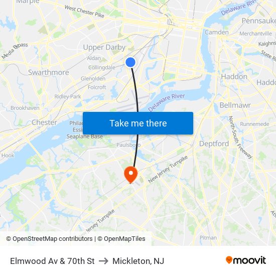 Elmwood Av & 70th St to Mickleton, NJ map