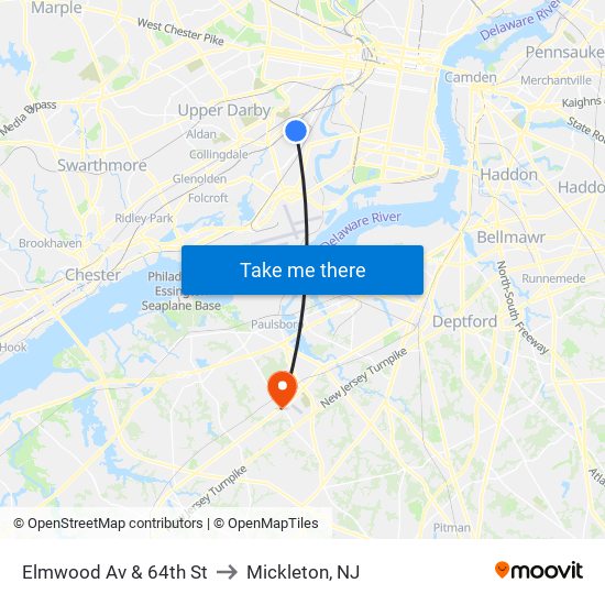 Elmwood Av & 64th St to Mickleton, NJ map