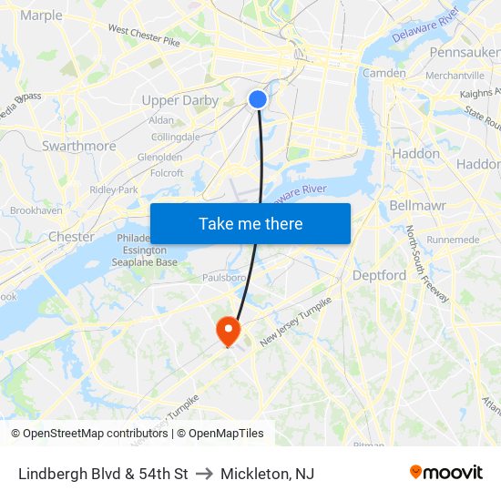Lindbergh Blvd & 54th St to Mickleton, NJ map