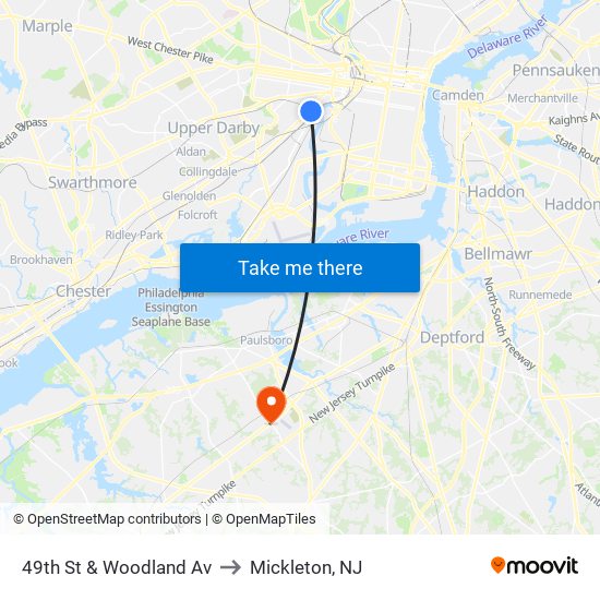 49th St & Woodland Av to Mickleton, NJ map