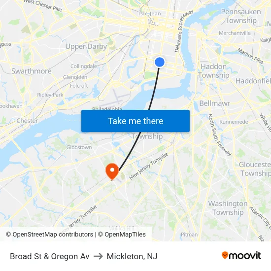 Broad St & Oregon Av to Mickleton, NJ map