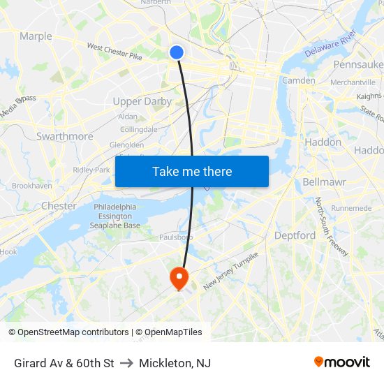 Girard Av & 60th St to Mickleton, NJ map