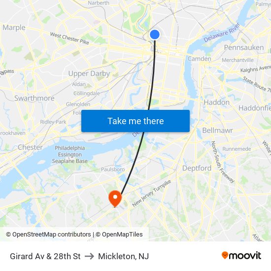Girard Av & 28th St to Mickleton, NJ map