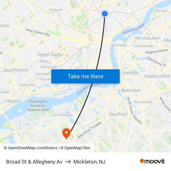 Broad St & Allegheny Av to Mickleton, NJ map