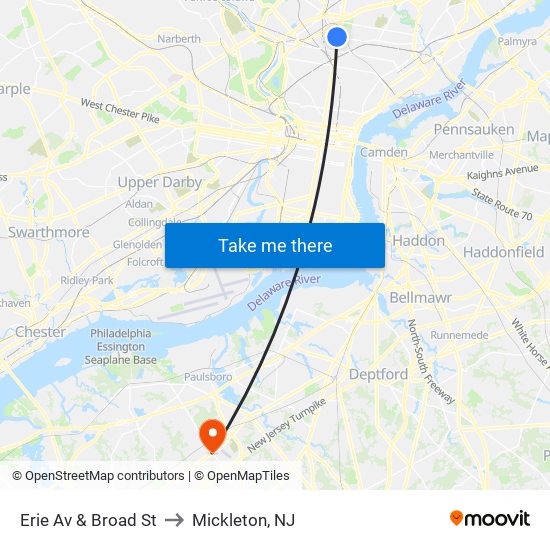 Erie Av & Broad St to Mickleton, NJ map