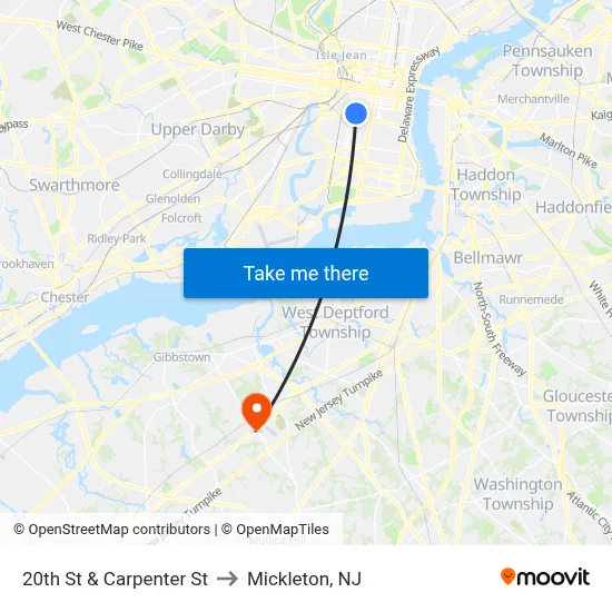 20th St & Carpenter St to Mickleton, NJ map